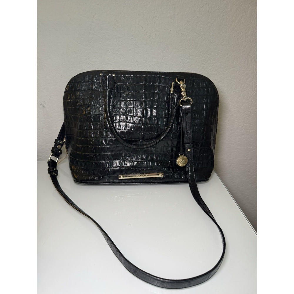 Brahmin Hudson Satchel Black Melbourne with Crossbody Strap Zip Around Croc Chic